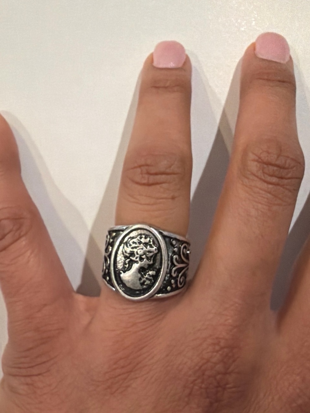 Sterling-Look Cameo Statement Ring in Antique Silver Tone